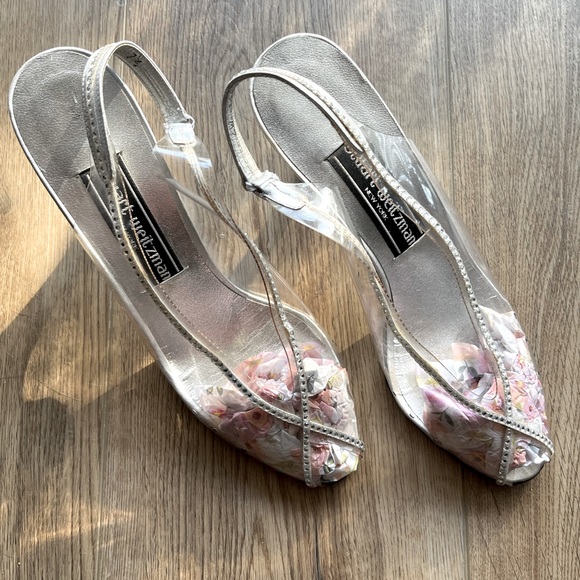 STUART WEITZMAN Clear Peep Toe Sling Back Silver Vintage Heels - Picture 3 of 15